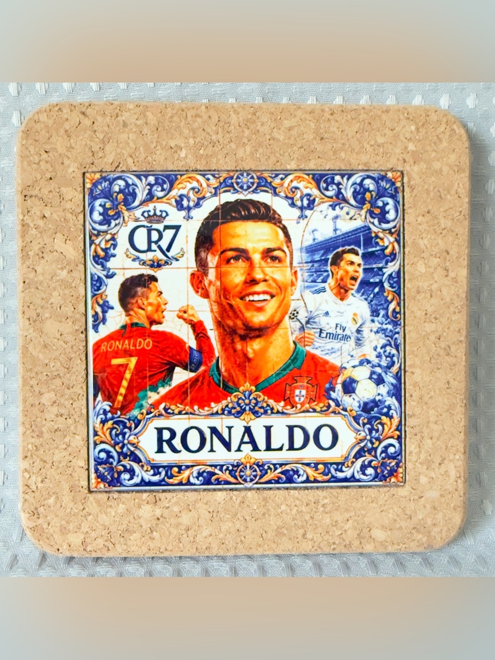 Cristiano Ronaldo CR7 Portugal Azulejo Tile Coaster Trivet Real Madrid 5.5” Cork